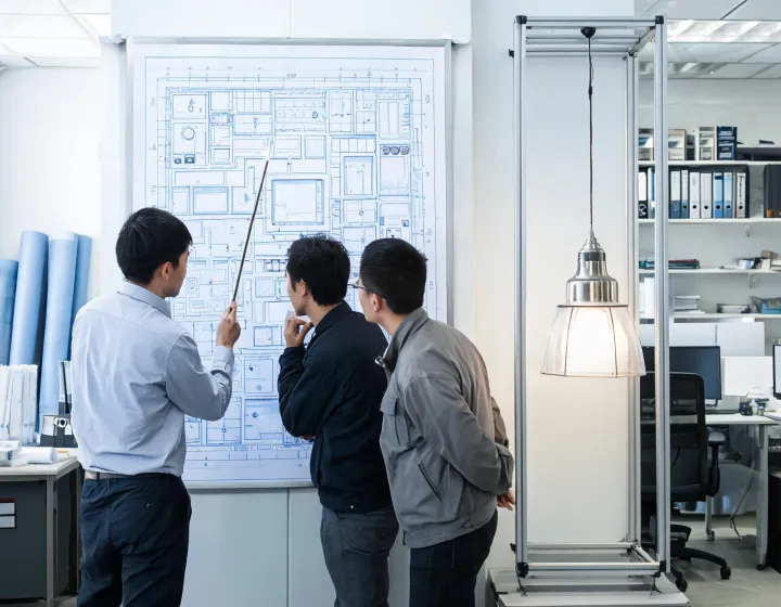 Lighting team reviewing ceiling plan and pendant sample